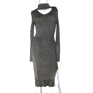 Metallic‎ Cutout Bodycon Ribbed Midi Dress Small Y2K Glam Club Party Going Out